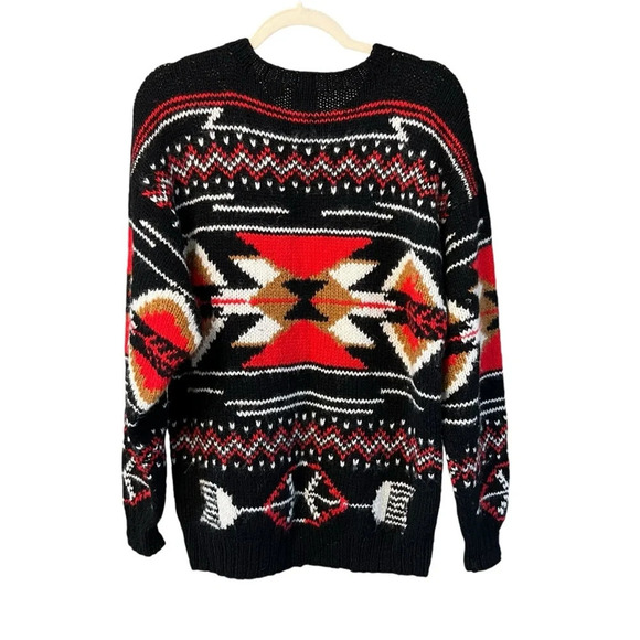 Vintage Main Street Outfitters Southwestern Shetland Wool Sweater Black Red VTG - Picture 5 of 6